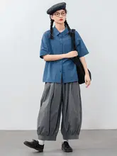 リボンデザインの薄手チェック柄シャツ【ブルー・夏用・コットン・カジュアル】