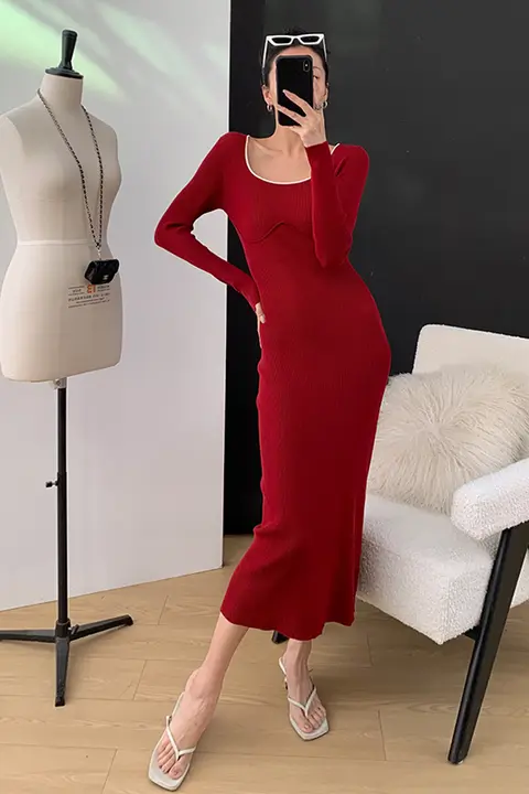 ニットワンピース レディース フレンチ風 ヴィンテージ レッド タイトシルエット 着痩せ セクシー きれいめ 上品 インナー 秋冬