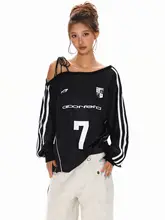 アメリカンビンテージスタイルのオフショルダーロングスリーブTシャツ【アルファベットプリント・快適なルーズフィット】