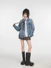 アメリカンレトロ デニムジャケット【ブルー・春秋・上品・小柄向け・ゆったりフィット】