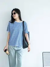ストライプ柄 レディース 半袖Tシャツ【ラウンドネック・クラスティックデザイン・ゆったりフィット】