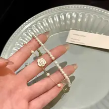 山茶花デザインパールブレスレット【二重重ね付け・女性用・エレガントスタイル】