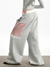 美式復古デザインのドロップウエストストレートワイドパンツ【プリント・ストリートスタイル】（セットアップ対応）