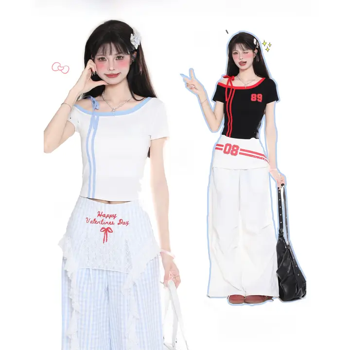 斜めショルダーのTシャツ【レタープリント・ストライプ・短袖・夏用・スタイリッシュ】