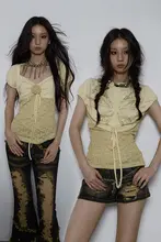 NO ROMANCE レトロデザインのリボン付きレースニットTシャツ【パフスリーブ・リバーシブル】