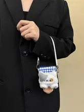 折りたたみ式スマートフォンケース【チェック柄・秋冬毛羽立つデザイン・猫型ポケット・手提げストラップ付き】
