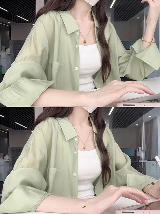 薄手のアイスシルク日焼け防止シャツ【夏用・女性・チュニックスタイル・シフォンカーディガン】