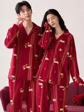 春秋用 大きなサイズの赤い婚礼カップルパジャマ【胸パッド付き・カーディガンスタイル・ホームウェア】（セットアップ対応）