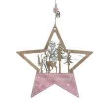 可愛いデザインのクリスマスツリー装飾用木製五角星【ピンク・ハート型サンタ付き】