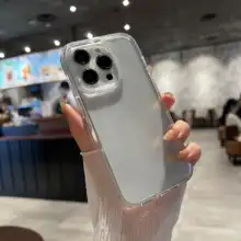 iPhone16pro用透明ケース【ラメ入り・パープル・大孔レンズ対応・防摔】