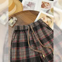冬用 レディース ワイドレッグパンツ【抽紐デザイン・チェック柄・極上の柔らかさ】（セットアップ対応）