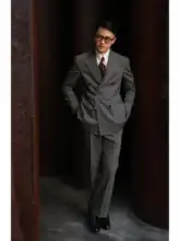 全羊毛 茶灰麦穗纹の高腰紳士西パンツ【イタリアンスタイル・パリボタン】