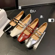 レトロなデザインのマリージェーンシューズ【本革・ダブルストラップ・太ヒール・シルバー】