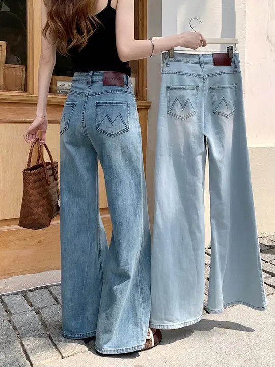浅色の刺繍入りハイウエストワイドシルエットデニムパンツ【女性用・夏用・極上の柔らかさ・ゆったりとしたデザイン】