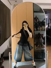 レディース 夏用 ハイウエスト ダメージ加工 デニムハーフパンツ【ゆったりシルエット・ビンテージ風】