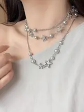 グレーのパールと五角星のダブルレイヤー ネックレス【重ね付け・ロングデザイン】