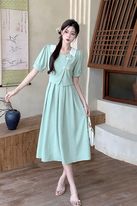 大きいサイズの夏用日常着 新中式デザイン Aラインドレス【軽やかな国風・パフスリーブ・擬似2点セット対応】