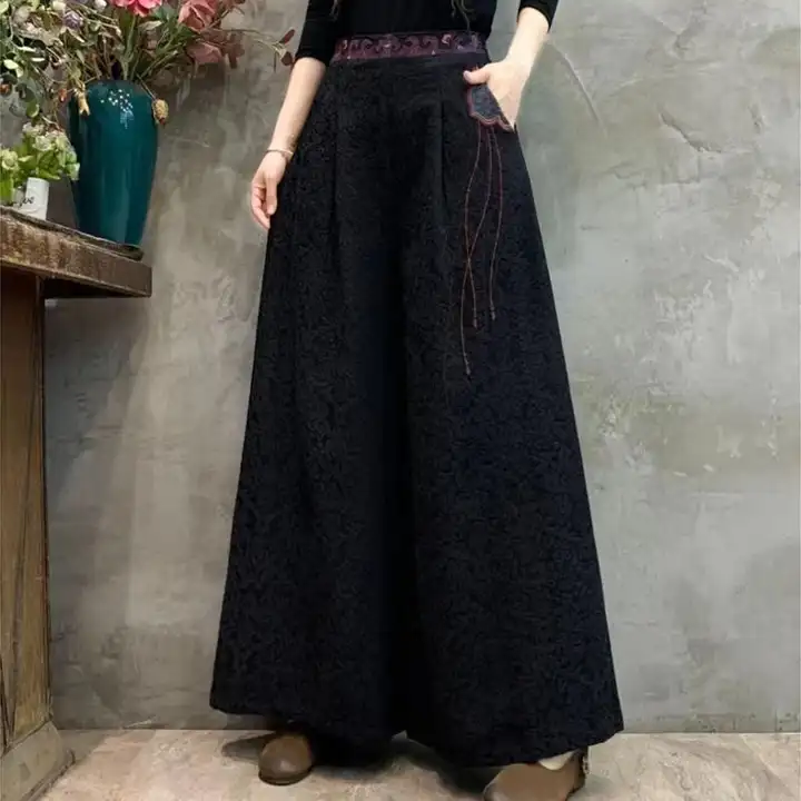 秋冬用コットンリネン刺繍入りパンツ【民族風・加毛・ハイウエスト・ゆったりワイドレッグ】（セットアップ対応）