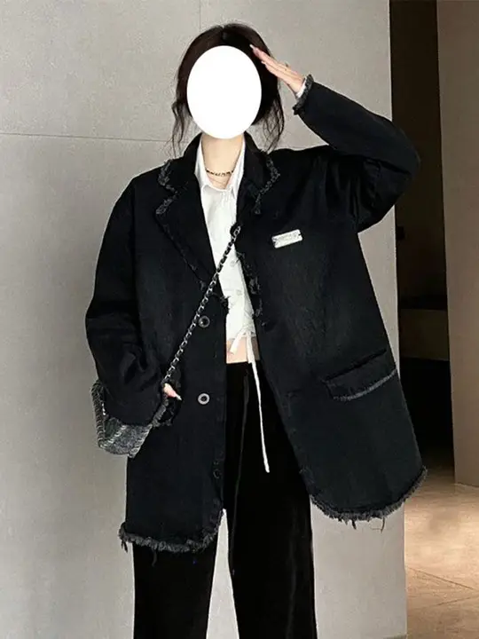 秋季用アメリカンスタイルのブラックデニムジャケット【女性用・ラフなデザイン・ゆったりシルエット】