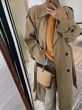 カーキ色 中長丈トレンチコート【レディース・ゆったりシルエット・ウエストマーク・イギリス風】