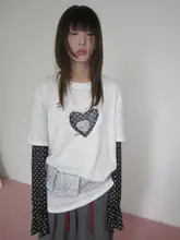 ハート刺繍のゆったりシャツ【フェイクレイヤード・韓国デザイン・重ね着風】