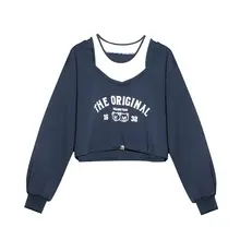 トップス レディース スウェットベスト フェイクレイヤード ベアモチーフ ネイビー ショート丈 甘辛MIX キュート 小柄 春秋