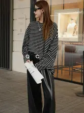 円形フリースのゆったりとした韓国風長袖Tシャツ【春秋用・ストライプデザイン・重ね着対応】