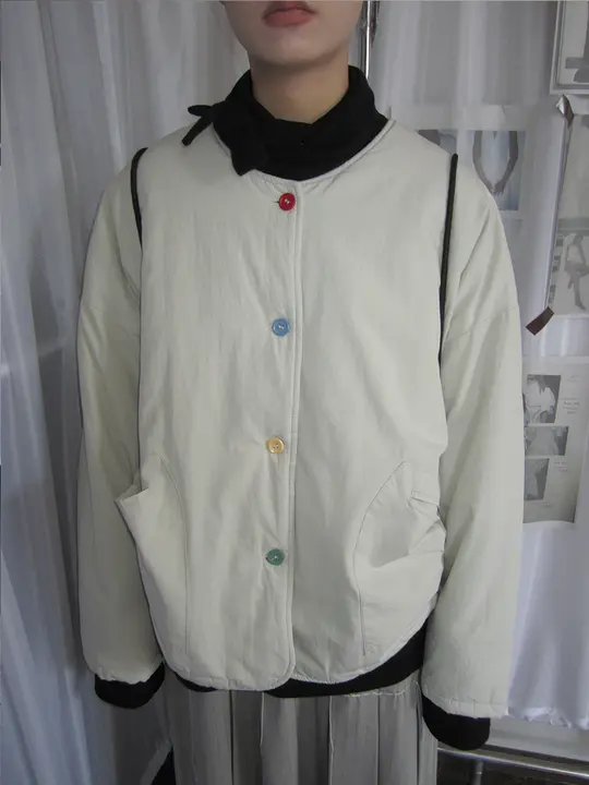 韓国風 ゆったりとした保温性のあるポケット付きコットンジャケット【シングルボタン・ラウンドネック】（セットアップ対応）