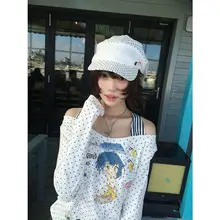 ドット柄プリントオフショルダーロングスリーブTシャツ【春秋用・スリムフィッ ト・ショート丈】（セットアップ対応）