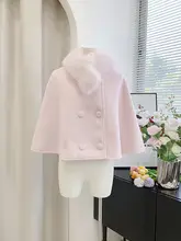 粉色の甘いダブルフェイスケープコート【輸入フェイクフォックスファー付き・冬用・短丈】
