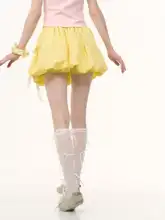 夏用レトロデザインのリボン付きハイウエストAラインスカート【イエロー】