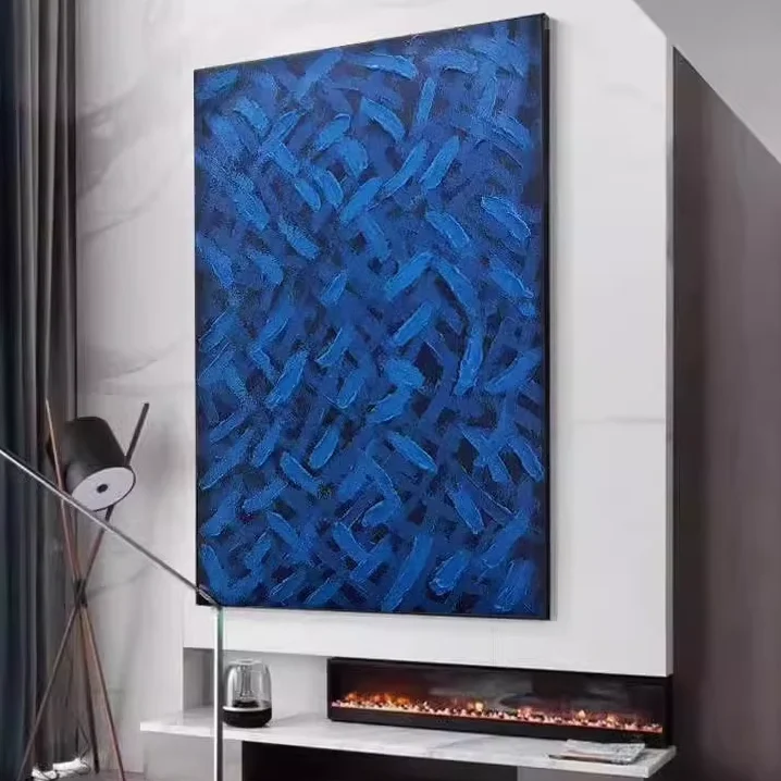 手描き アートフレーム 壁掛け油絵【抽象デザイン・青色・モダン】