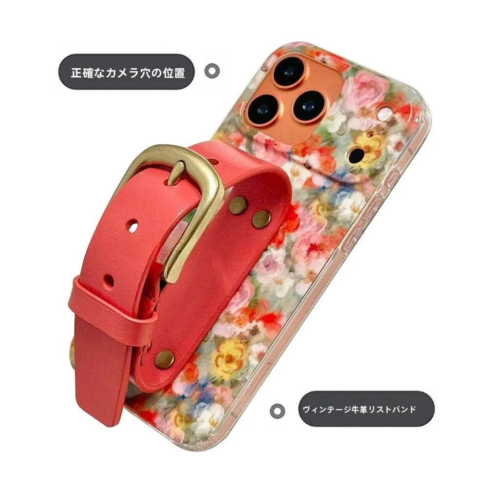 オレンジ系油絵フラワーモチーフの牛革スマホケース：法式風デザインで高級感を実現