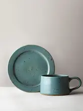 手作りの粗陶コーヒーカップ＆ソーサーセット【大容量・シンプルデザイン・家庭用】