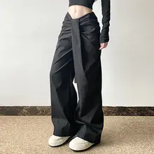 不規則なプリーツデザインのパンツ【女性用・ワイドフィット・スリム効果・ストレート】