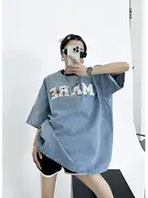 レトロデザインのユニセックスTシャツ【夏用・刺繍・ゆったりフィット・デニム風】