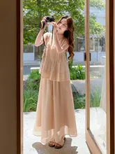 ノースリーブ トップス スカート 2点セット レディース アプリコットベージュ ギャザー きれいめ 上品 夏
