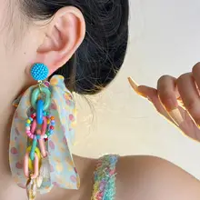 カラフルドットデザインのシフォンリボンピアス【ロングシェルフリンジ・女性用】