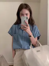 したデザインのPOLO襟デニム半袖シャツ【ウォッシュ加工・女性用・ポケット付き】