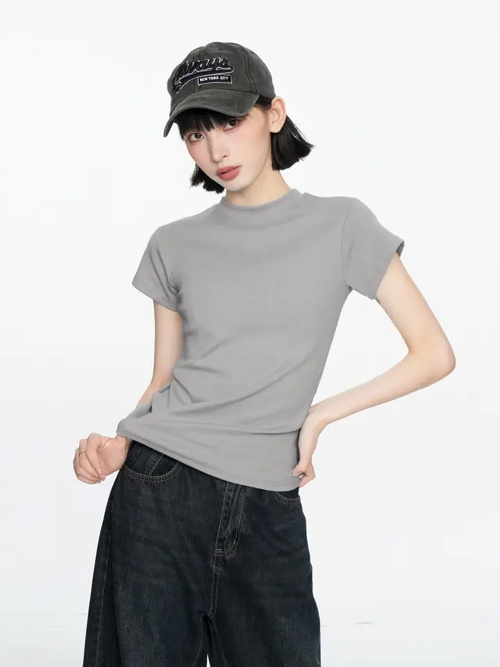 レディース グレー ショートスリーブTシャツ【アメリカンビンテージ・スリムフィット・無地】