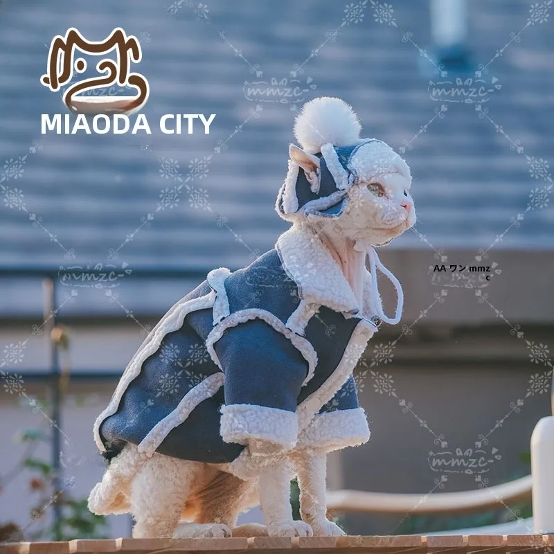 無毛猫デザインの加厚フリースジャケット：長袖ラムウー ルで冬の寒さをしっかり防ぐ