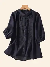 刺繍入りコットンリネンシャツ【七分袖・ゆったりフィット・春夏秋用】