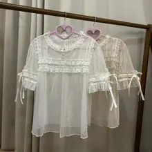 ロリータ風 レース入り薄手長袖ブラウス【夏用・透け感・短袖】