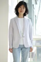 淡い紫色のノンパッドショートフィットニットジャケット【ビジネスカジュアル・女性用】