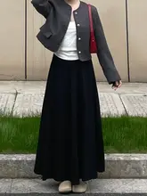 黒色Aラインスカート【梨型体系カバー・春季・ロング丈・足首まで】（セットアップ対応）