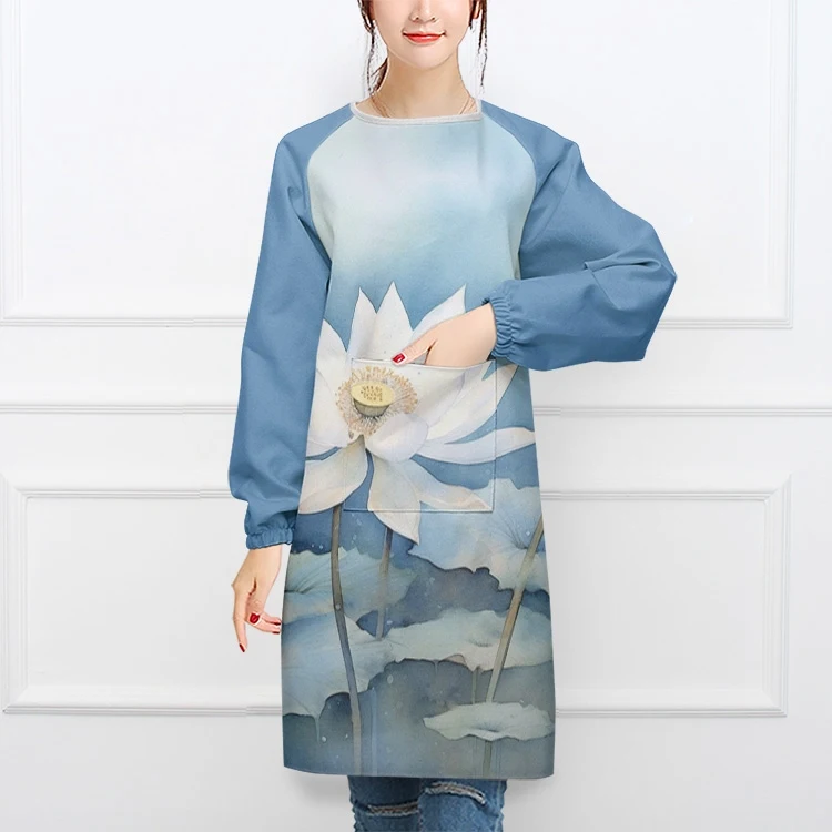 水彩荷花柄エプロン：長袖反対掛けでキッチン作業を快適に