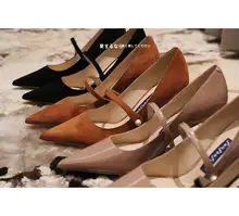 マリージェン レザー調ブラックスエード ハイヒール【細ヒール・先細デザイン・オフィス用】