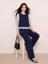 気品あるデザインの夏用大きいサイズ 上下セット【デニムブルー・パッチワークデザイン】（セットアップ対応）