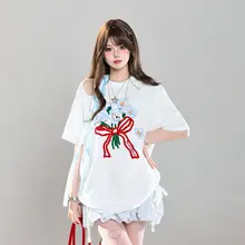 アメリカンレトロフラワー刺繍のリボン付き短袖Tシャツ【ルーズフィット・ショルダーオープン・夏用】