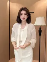 春秋用 韓国風デザインのパッチワークリボンシャツ【薄手・日焼け対策】